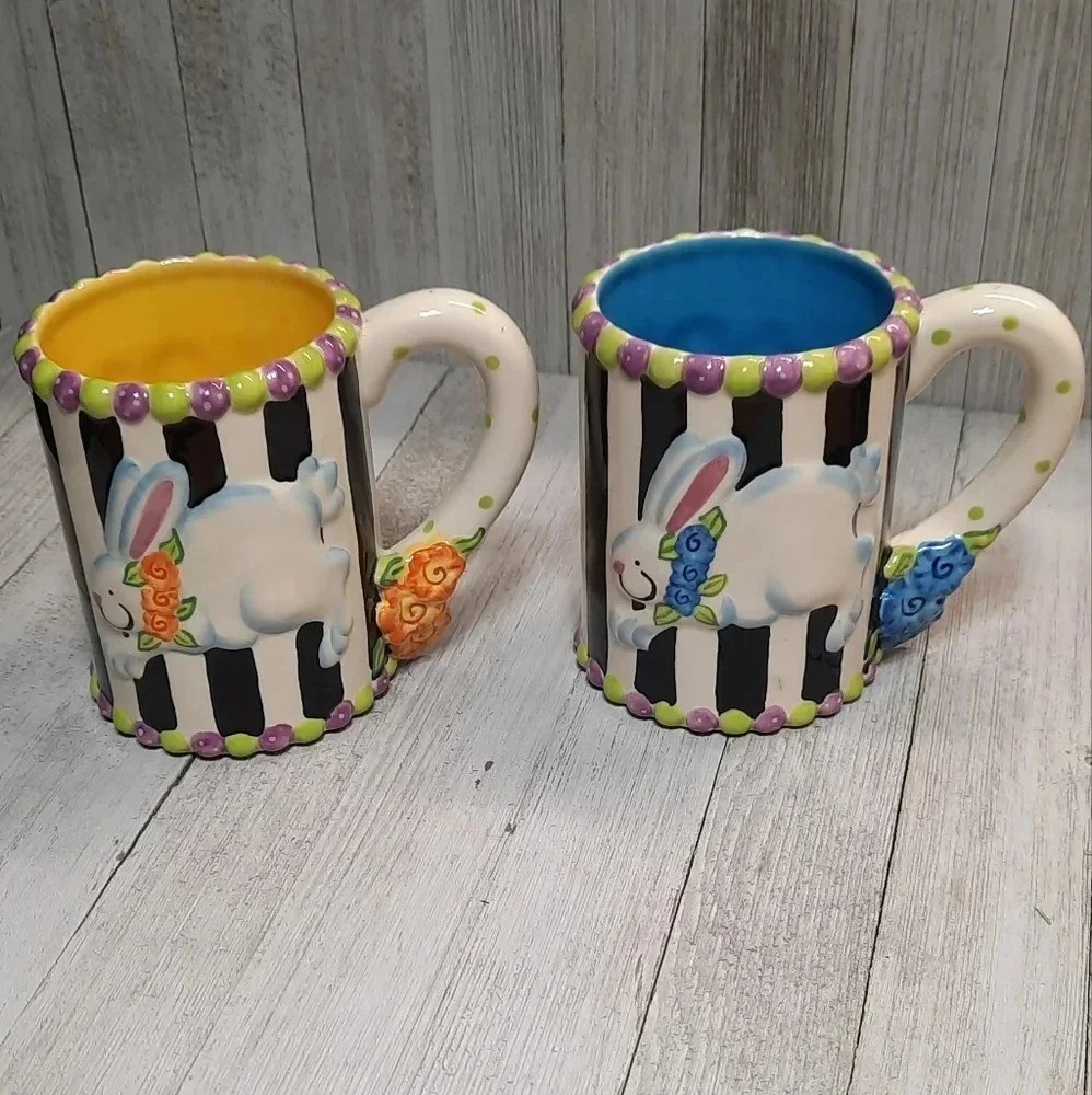 Essentials by Home Set of  2 Easter Floral Rabbit Large Coffee Mugs Whimsical - Picture 4 of 6